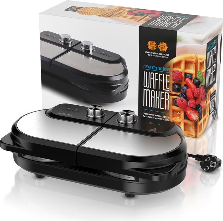 Produktbild Arendo Waffeleisen mit 2x Waffelplatten, 1400 W, Temperaturregler, Antihaftbeschichtet, Edelstahl, BPA frei