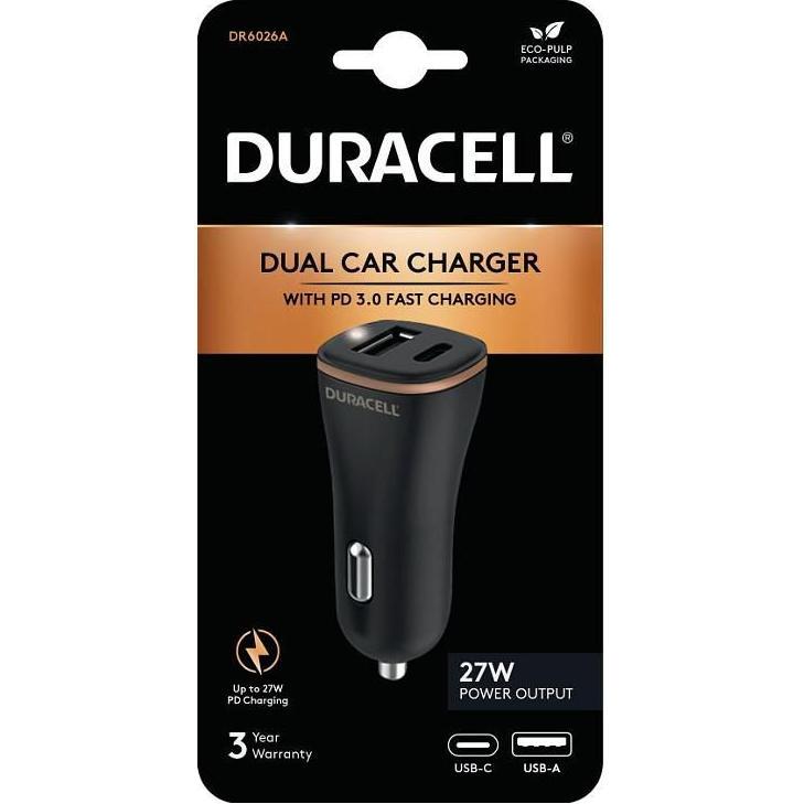 Thumbnail - Duracell Car Charger USB, USB-C 27W (Black), Auto Adapter, Schwarz