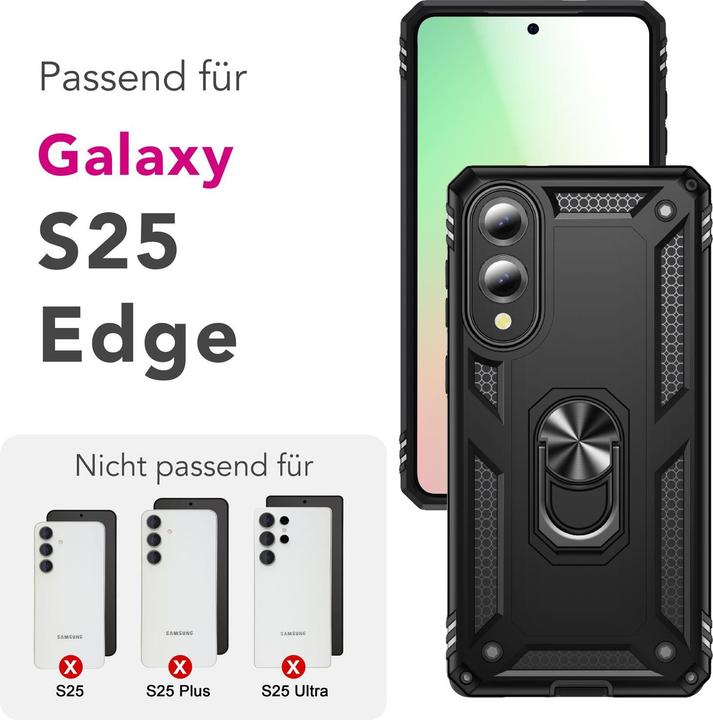 Produktbild Nalia RingDefend - Schwarze Panzerhülle mit 360-Grad Finger-Halter & Ständer - Military Style Cover (Samsung Galaxy S25 Edge)