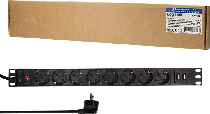 Produktbild LogiLink Steckdosenleiste CEE7/3 + 2 USB, mit Ü-Schutz (8 x, CEE 7/7, 2 m)