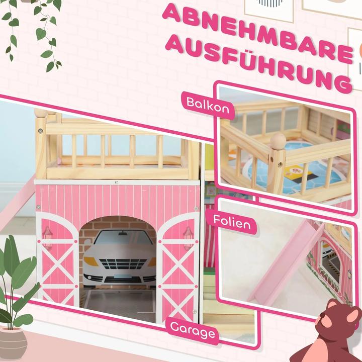Produktbild Fasnacht Rosa Puppenhaus mit 3 Etagen 13 Möbelstücke aus MDF Holz 114x32x92cm