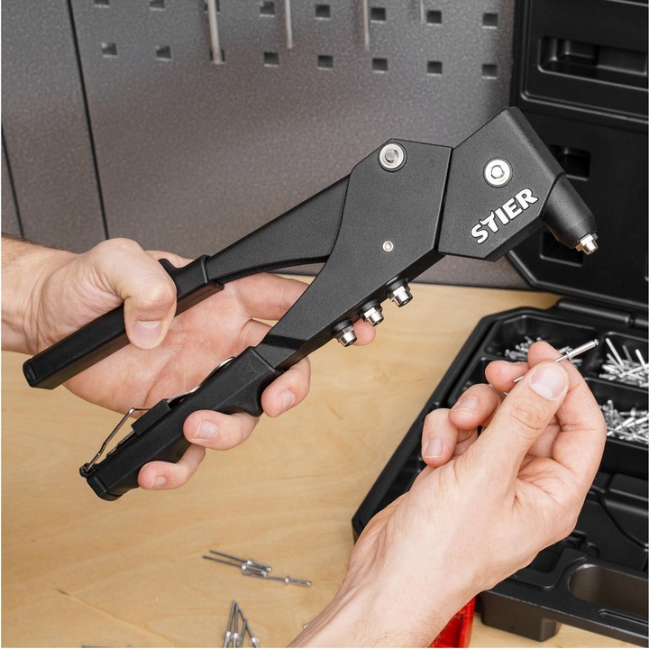 Actual product image Stier Premium blind rivet set with 360° manual riveting pliers and 501-piece blind rivets