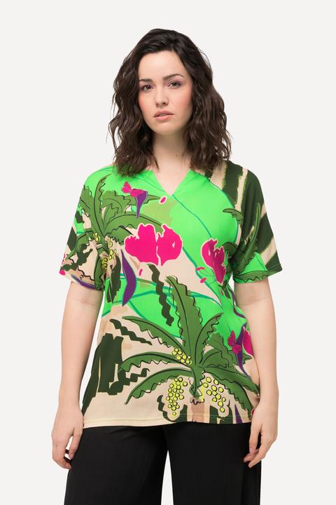 Immagine prodotto Ulla Popken T-shirt dal taglio oversize con palme, scollo a tunica e mezze maniche (46, 48)