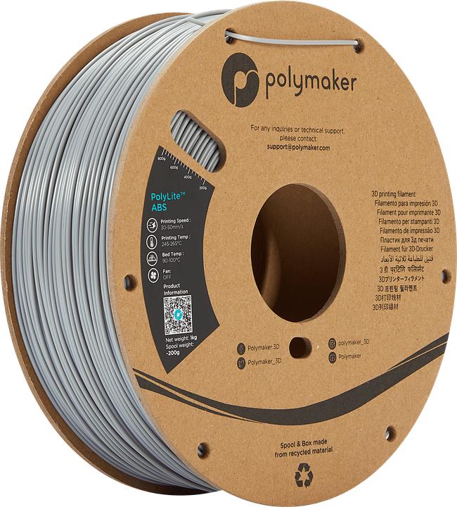 Produktbild Polymaker PE01003 PolyLite Filament ABS geruchsarm 1.75 mm 1000 g Grau 1 St. (ABS, 1.75 mm, 1000 g, Grau)