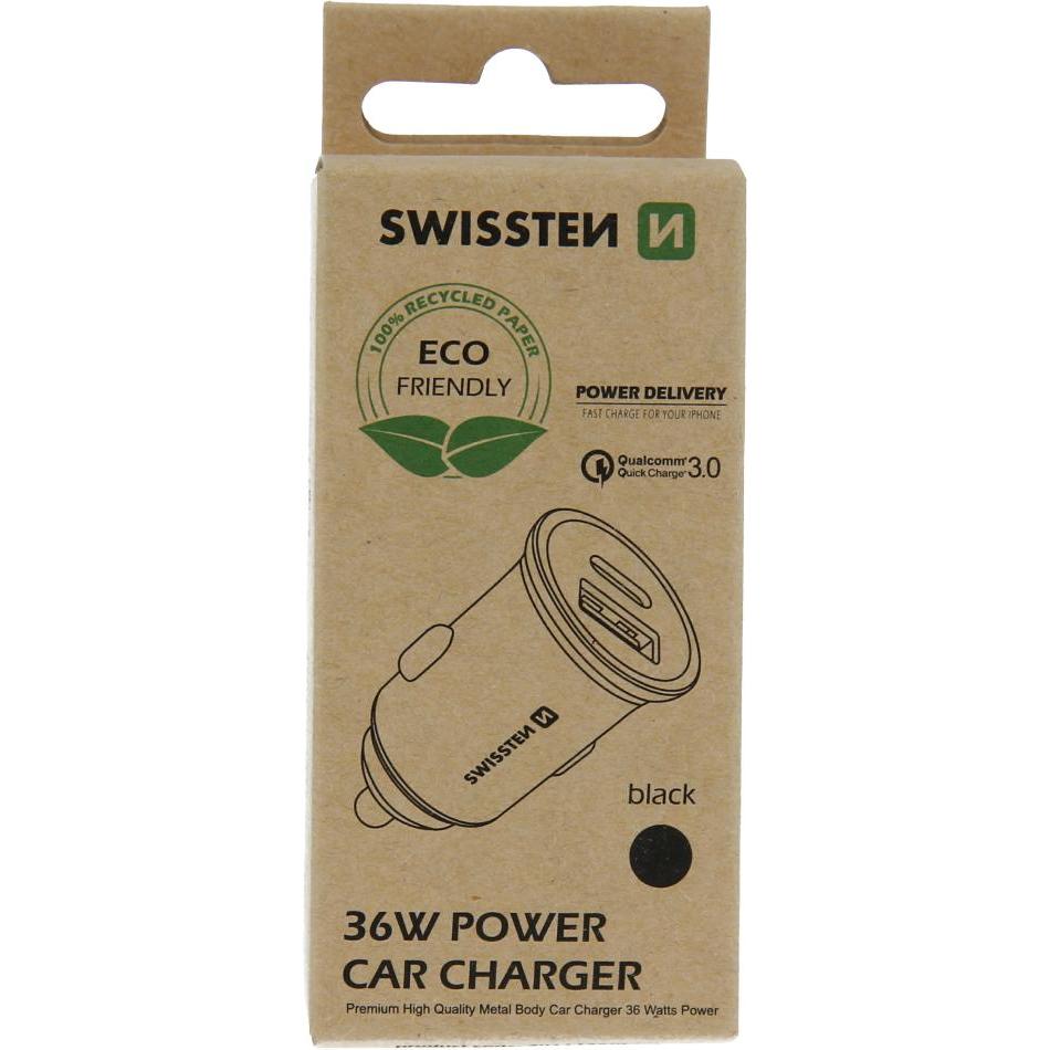 Thumbnail - Swissten USB Autoladegerät Power Delivery USB-C + Quick Charge 3.0 36W METAL (ECO PACK), Auto Adapter, Weiss