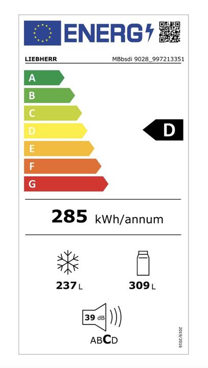 Energie-Label Liebherr MBbsdi9028-20 Plus NoFrost Side-by-Side French Door mit Festwasseranschluss (545 l)