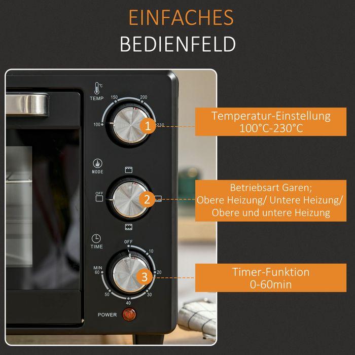 Actual product image Swisshandel24 Mini oven 21L with 1 wire rack and 1 baking tray 3 cooking modes 100°C-230°C 1400W Metal Stainless