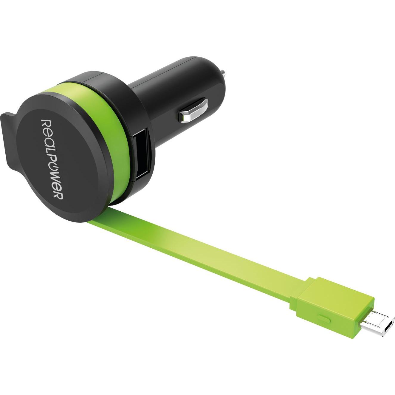 RealPower Car Charger M integrated MicroUSB Cable+ 1x USB, Auto Adapter, Schwarz, Grün