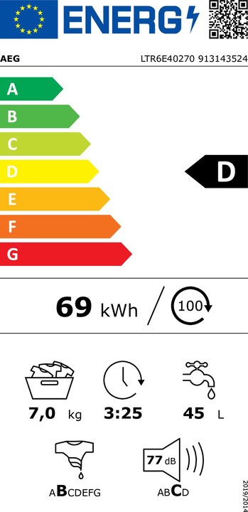 Etichetta energetica AEG LTR6E40270 913143524 (7 kg, Verso il basso)