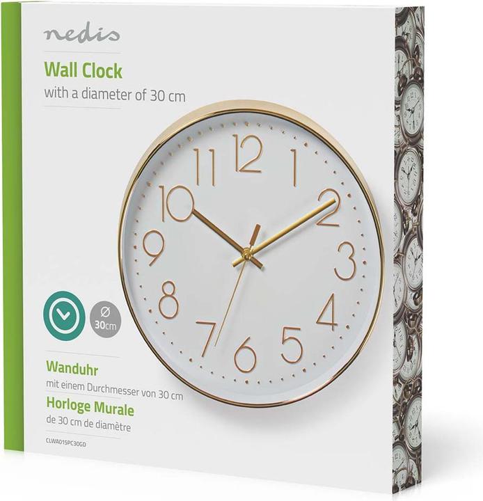 Actual product image Nedis CLWA015PC30GD Circular Wall Clock, Diameter 30 cm, Easy to Read Numerals, Gold (30 cm)