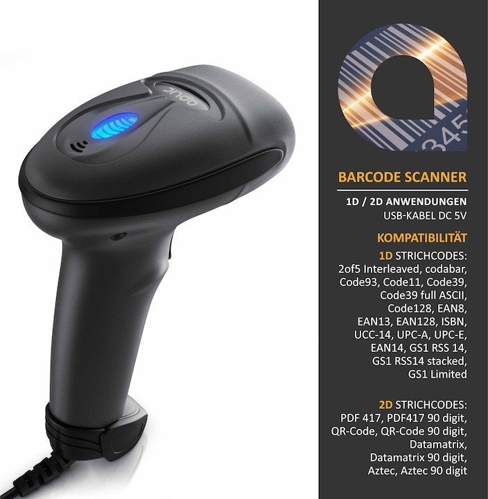 Produktbild Aplic USB Barcode Scanner kabelgebunden, Handscanner, 1D und 2D, Single Scan & Auto Scan (1D-Barcodes, 2D-Barcodes)