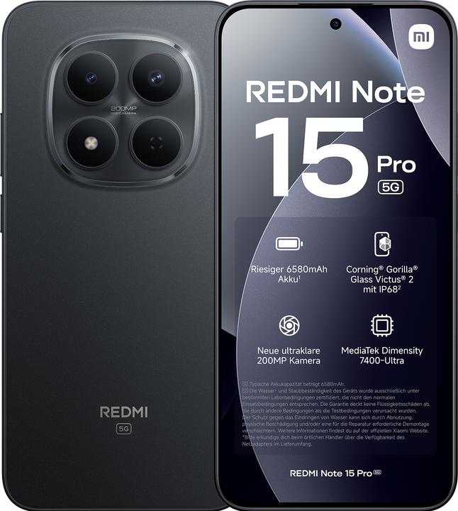 Produktbild Xiaomi Redmi Note 15 Pro 5G (256 GB, Black, 6.83", Dual SIM, 5G)