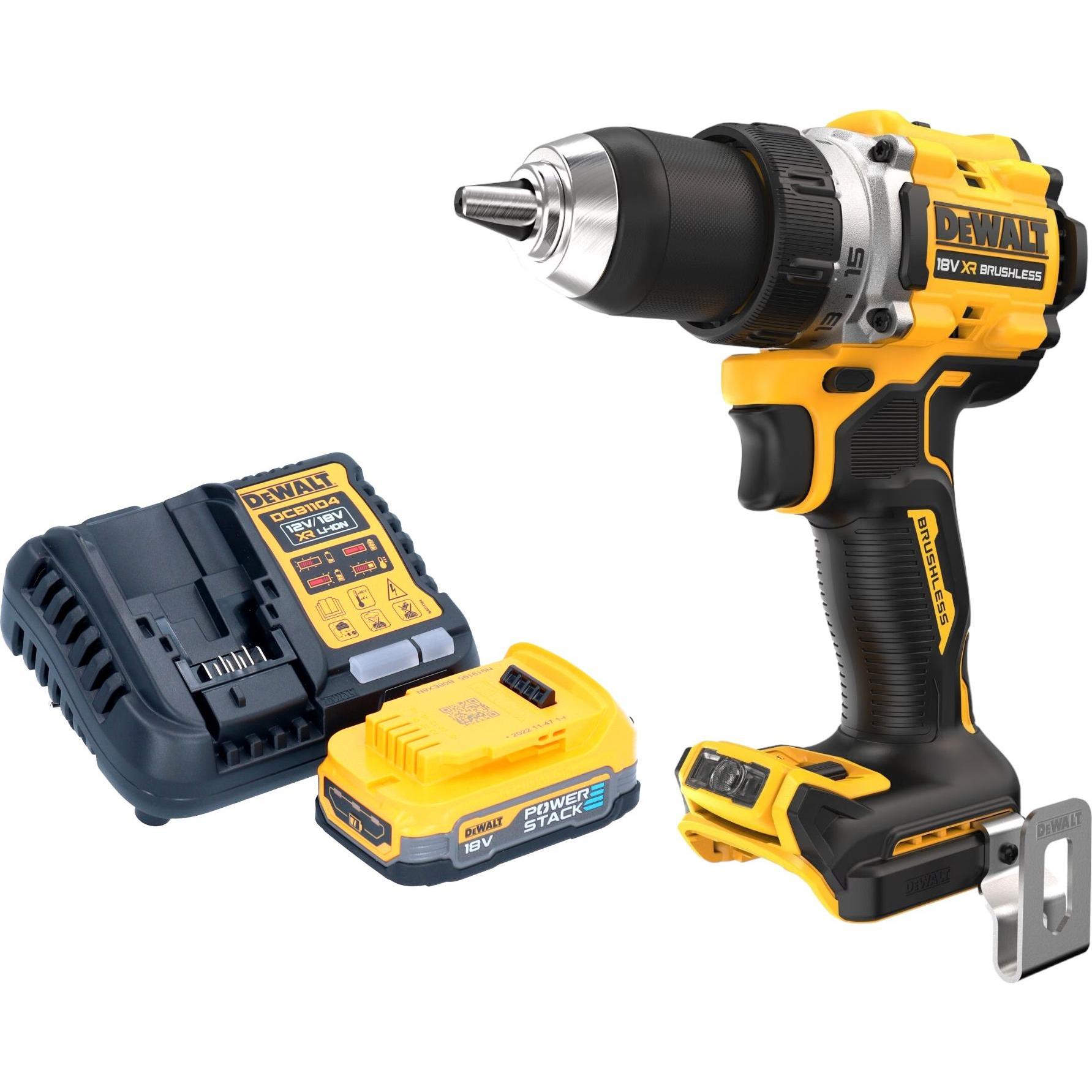 DeWalt, Bohrmaschine + Akkuschrauber, DCD 800 E1 Akku Bohrschrauber 18 V 90 Nm Brushless + 1x Powerstack Akku 1,7 Ah + L...