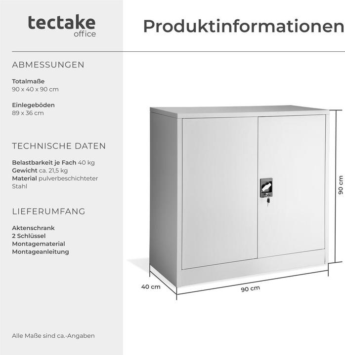 Produktbild tectake Aktenschrank mit 3 Böden (90 x 40 x 90 cm)