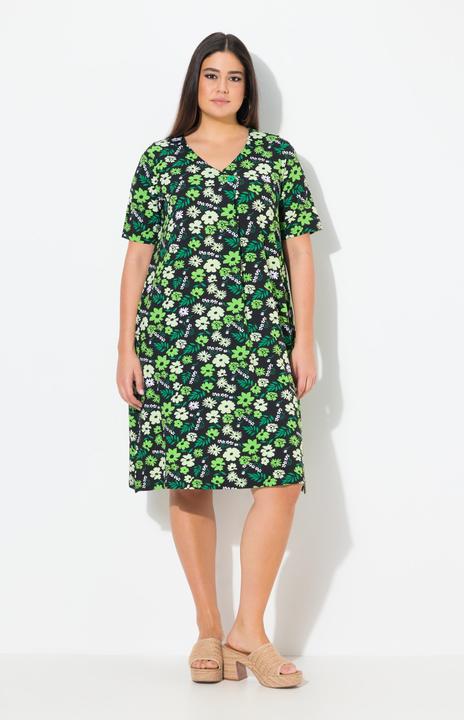 Produktbild Ulla Popken Jerseykleid, Blüten, A-Linie, V-Ausschnitt, Halbarm (42, 44)
