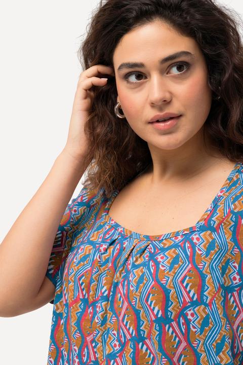 Actual product image Ulla Popken Pleated Geometric Print Square Neck Tee (54)