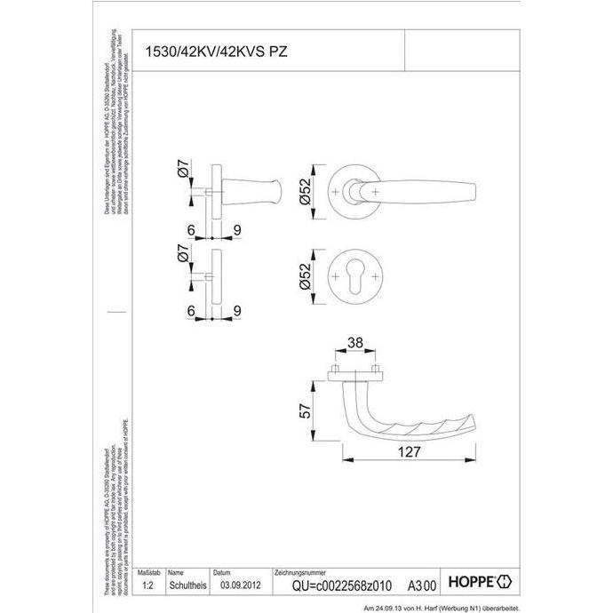 Thumbnail - Hoppe, Türgriff + Fenstergriff, Rosettengarnitur Atlanta 1530/42KV/42KVS Vierkantmass 8mm PZ F1 Alu silberf. Türdicke 37...