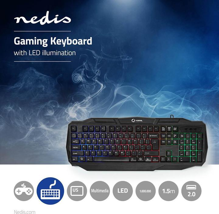 Actual product image Nedis Wired Gaming Keyboard Gaming keyboard with cable USB 2.0 US keyboard layout Schwa (Eng. Int., Cable)