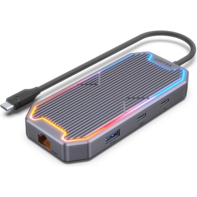 Unitek HUB USB-C HDMI RJ45 PD 100W (USB-C, 7 porte), Docking station + Hub USB, Grigio