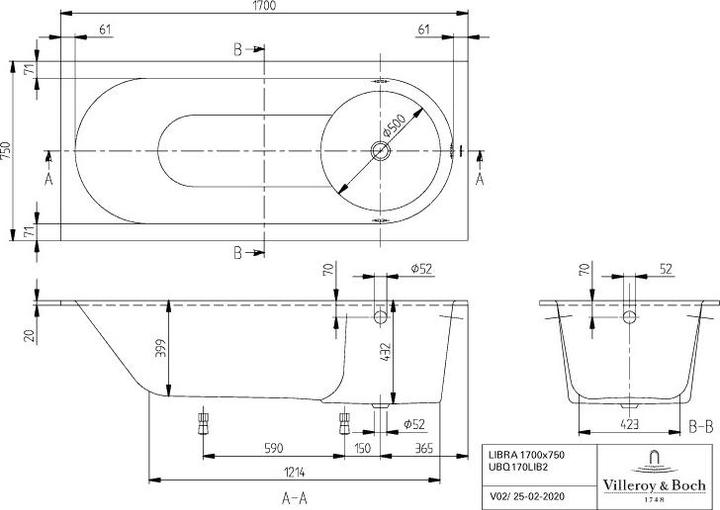 Image du produit Villeroy & Boch V&B baignoire encastrée LIBRA R-eck1700x750mm blanc (125 l, 170 cm, 75 cm)