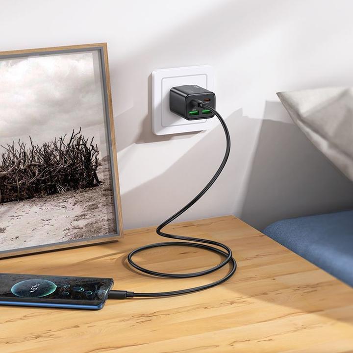 Actual product image Hoco Adapter charger 2 x Type C + 2 x USB A + cable Type C to Type C PD QC3.0 3A 30W N56 black (30 W, 4 ports)