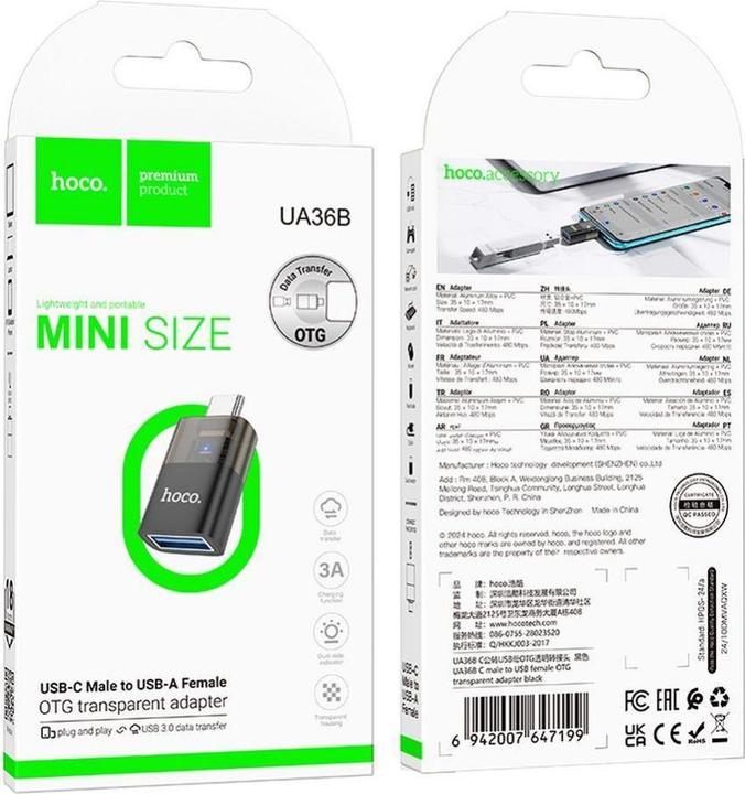 Produktbild Hoco Cable Adapter OTG USB C to USB A UA36B transparent black (USB-A, USB Typ C)