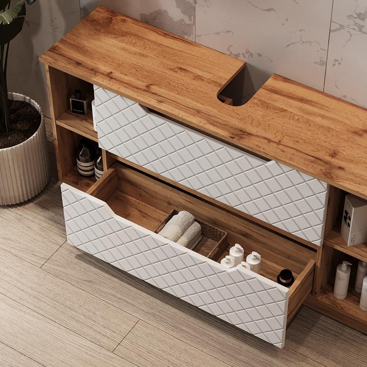 Actual product image Vicco Waschbeckenunterschrank Lotta, Eiche/Weiss mit Kachelstruktur, 119.2 x 62.5 cm mit 2 Schubladen (119.20 x 32 x 62.50 cm)