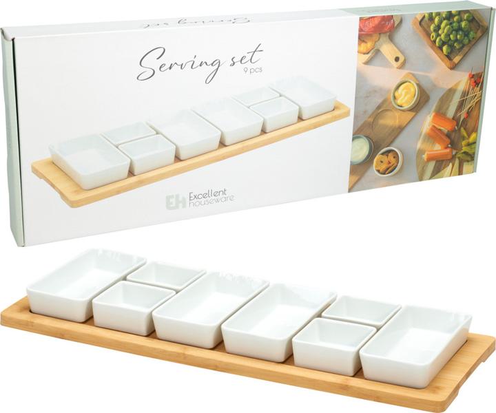 Image du produit Excellent Houseware Edles Servier-Set, 8 Porzellan-Schalen auf Bambustablett, weiss