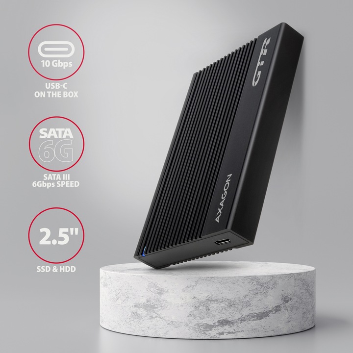 Actual product image Axagon EE25-GTR USB-C 3.2 Gen 2 - SATA 6G, 2.5" external hard drive enclosure, corrugated - black (2.5")