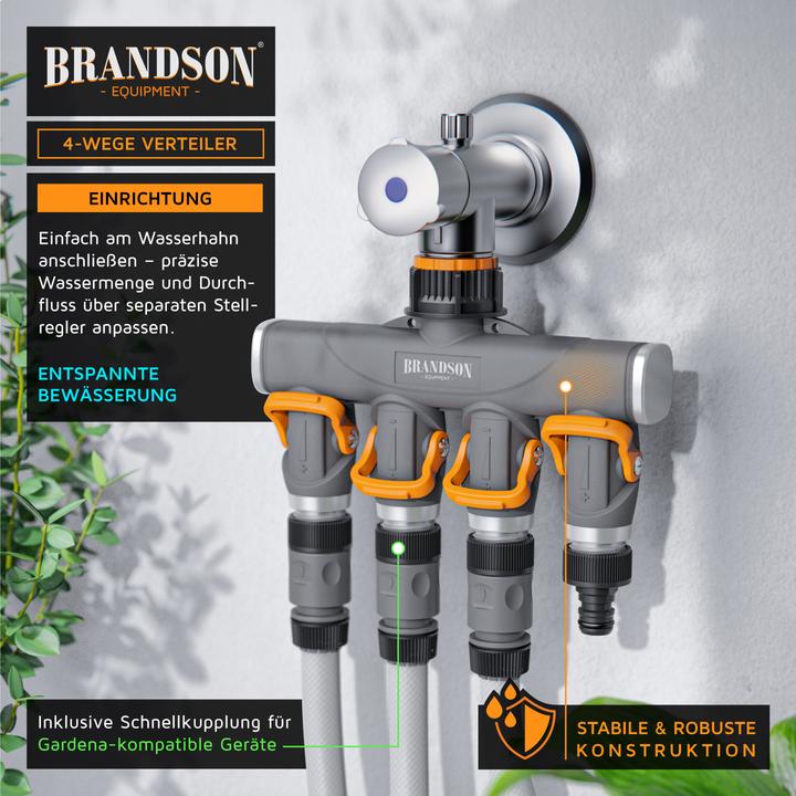 Produktbild Brandson 4-Wege Verteiler 4-fach Schlauchverteiler Gartenschlauch, schmaler Wasserverteiler, 3/4 & 1/2 Zoll (4 Wege Verteiler)