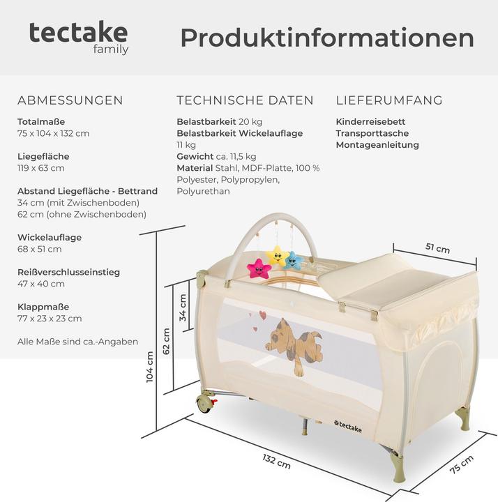 Produktbild tectake Kinderreisebett Hund mit Wickelauflage und Transporttasche (60 x 120 cm)