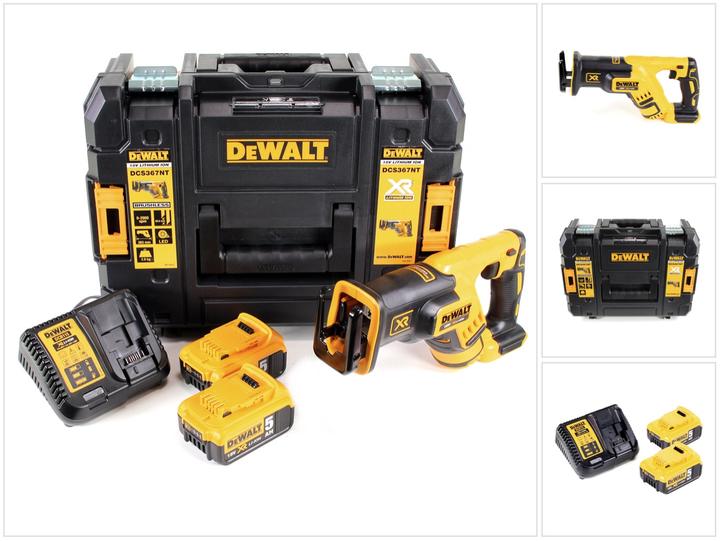 1x DeWALT DCS367 P2 cordless reciprocating saw, 2x DeWALT DCB184 5.0 Ah Li-Ion battery, 1x DeWALT DCB113 charger, 1x DeWALT TSTAK