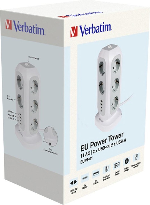 Produktbild Verbatim EU Power Tower 11 (11 x, CEE 7/4, USB-C, USB-A, 2 m)