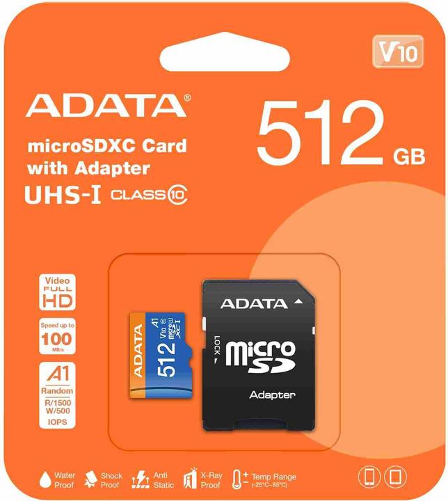 Actual product image Adata Premier 512GB microSDXC (UHS-I U1, Class 10, V10, A1) (512 GB, microSDXC, U1, UHS-I)