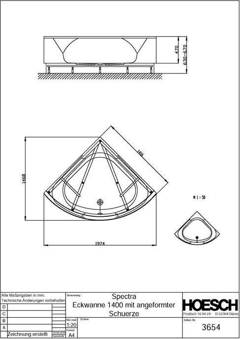 Hoesch Vasca da bagno angolare SPECTRA 1408x1408x480mm bianco (290 l, 141.60 cm, 141.60 cm)