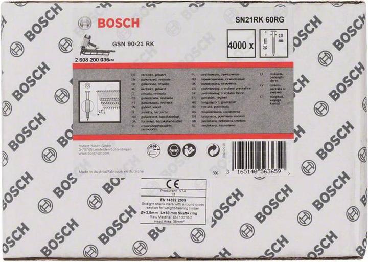 Immagine prodotto Bosch Professional Zubehör Chiodo a testa tonda SN21RK 60RG 2,8 mm, 60 mm, zincato, scanalato