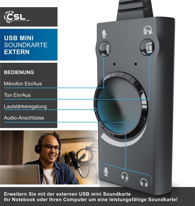 Image du produit CSL Carte son USB son surround, mini carte son externe USB avec contrôle du volume (USB 2.0)