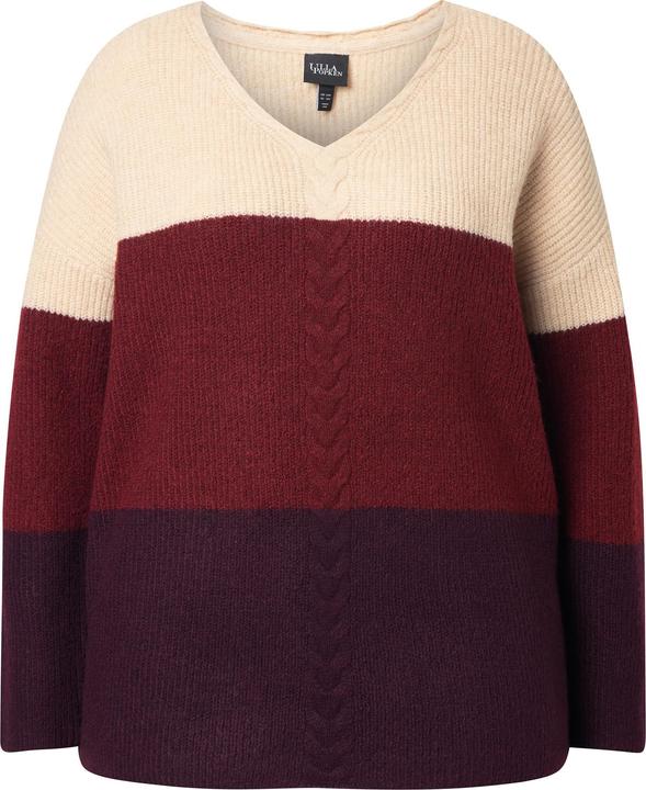 Actual product image Ulla Popken Cable Knit Block Stripe V-Neck Sweater (46, 48)