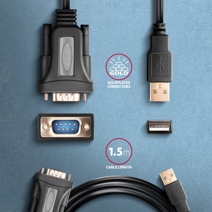 Produktbild Axagon ADS-1PQN, USB-A 2.0 - sÃ©riovÃ½ RS-232 DB9-M FTDI adaptÃ©r / kabel (1.50 m)
