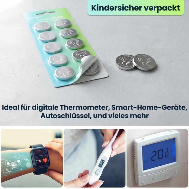 Produktbild Ideoon 10er Set CR2450 Lithium Knopfzellen 3V Batterien, 620 mAh hohe Kapazität (10 Stk., CR2450, 620 mAh)