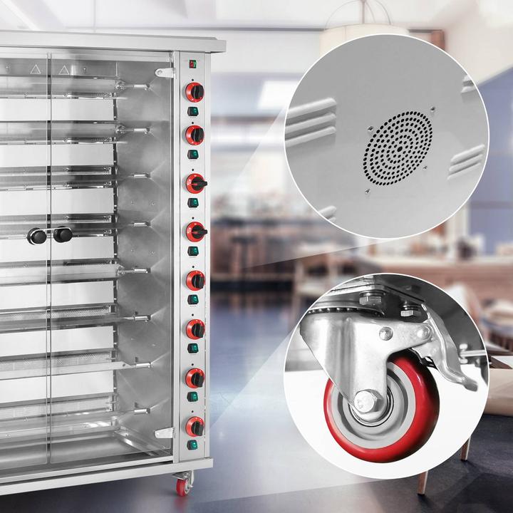 Produktbild Royal Catering Gas-Hähnchengrill 8 Spiesse mit Beleuchtung und Rädern 8 x 5 kW Edelstahl