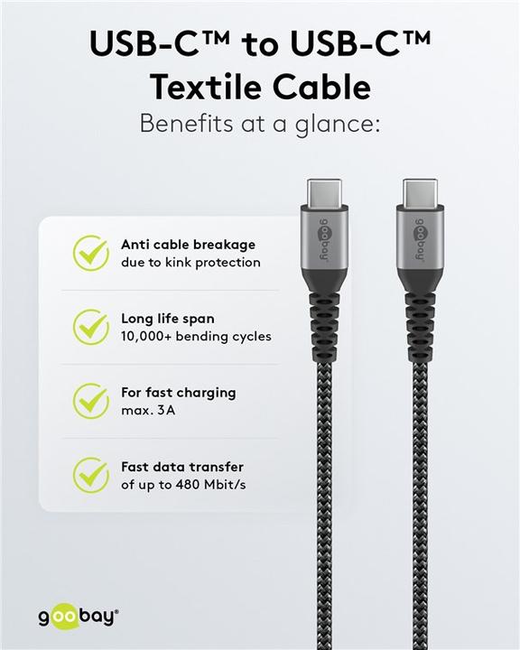 Productafbeelding Goobay USB-C™ naar USB-C™ textiel kabel met metalen stekkers (space grijs/zilver) 1 m, zwart-grijs (1 m, USB 2.0)