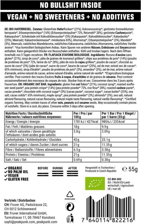 Nährwerte und Zutaten Peak Punk Bio High-Protein Bar (Schokolade, Erbsen, Cashew, Buchweizen, Hafer, 1 Stk., 55 g)