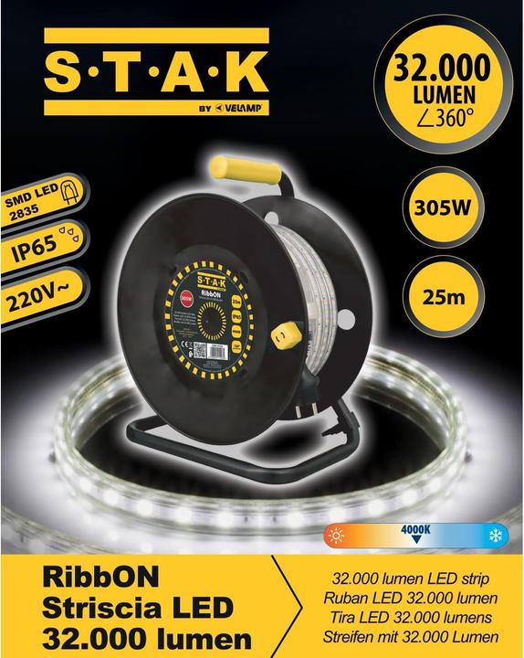 Immagine prodotto S.T.A.K Nastro LED IP65 25m 32000 lumen con avvolgitore, impermeabile per esterni (Luce del giorno, 2500 cm, Esterno)