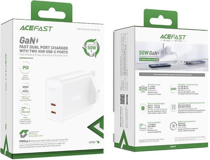 Produktbild Acefast GaN charger (UK plug) 2x USB Type C 50W, Power Delivery, PPS, Q3 3.0, AFC, FCP (A32 UK) (50 W)