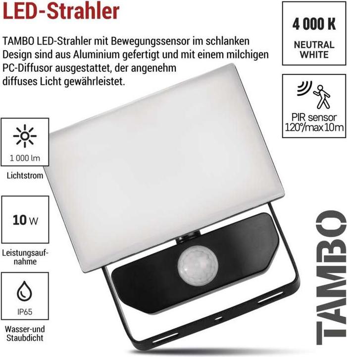 Produktbild Emos LED-Flutlicht TAMBO mit Bewegungssensor, 10 W, 1000 lm, schwarz (1000 lm, IP54)