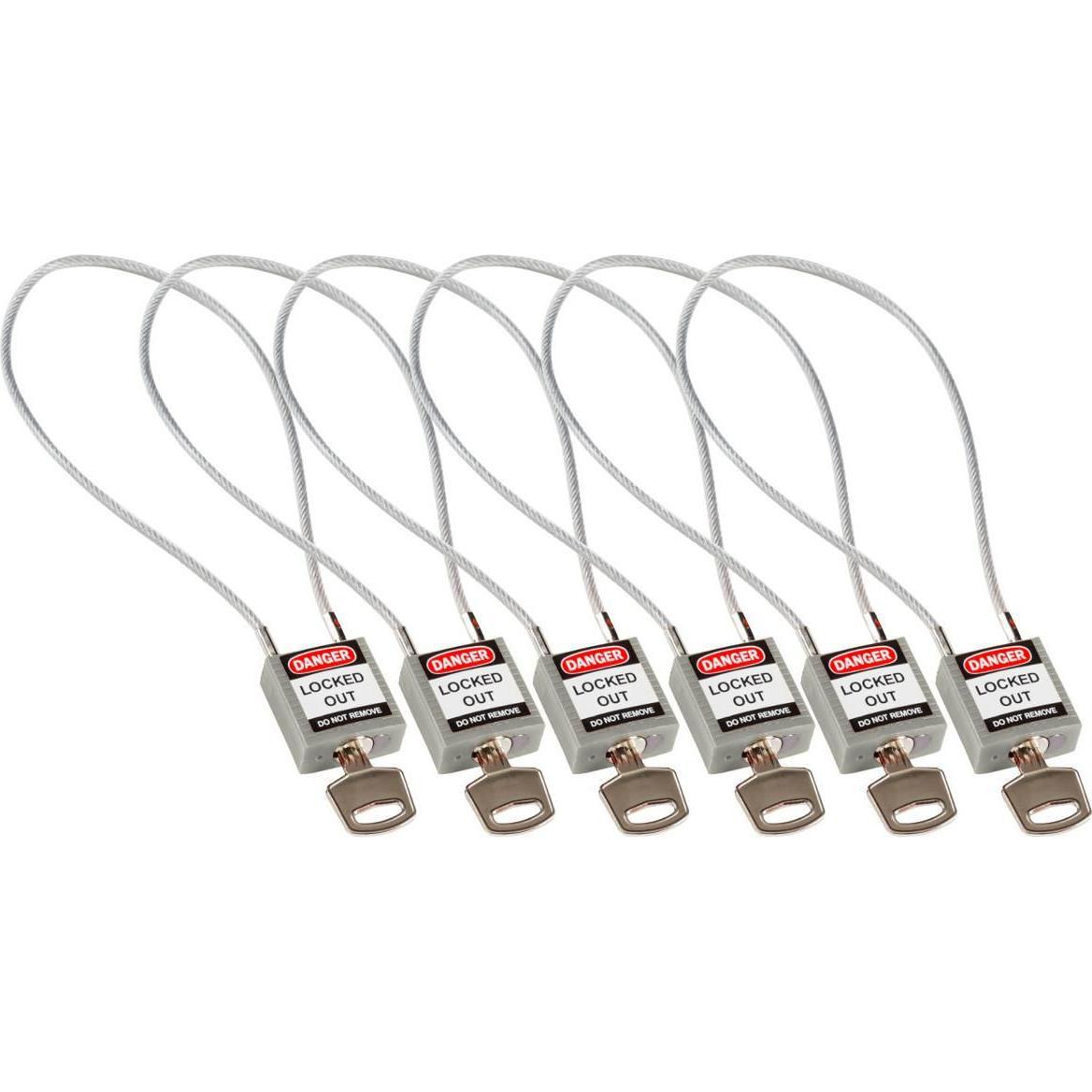 Brady, Vorhängeschloss, kompaktes Sicherheitsschloss Nylon mit Kabelbügel, Grau, 400mm Kabellänge, 4,7mm PVC-beschic