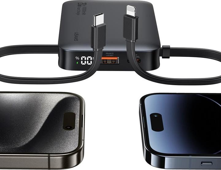 Actual product image Usams Powerbank XR Series CD228 10000mAh 20W + kabel USB-C/Lightning czarny (10000 mAh, 20 W, 37 Wh)