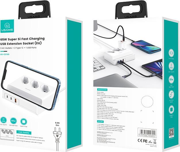 Actual product image Usams 65W Super SI Fast Charging USB Dock - White (6 x, USB-C, USB-A, 2 m)