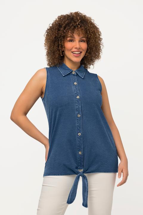 Immagine prodotto Ulla Popken Top smanicato di jersey con effetto jeans, orlo con nodo e collo da camicia (46, 48)